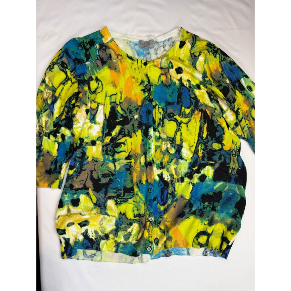 Joseph A Woman Cardigan 2X Yellow Blue Abstract Watercolor Knit Button Front